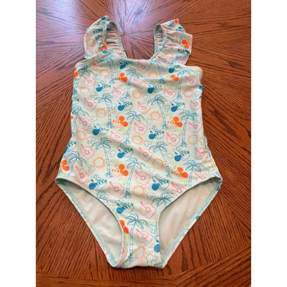 Disney Mickey Minnie Mouse Tropical Ruffle One Piece Swimsuit Blue Kids